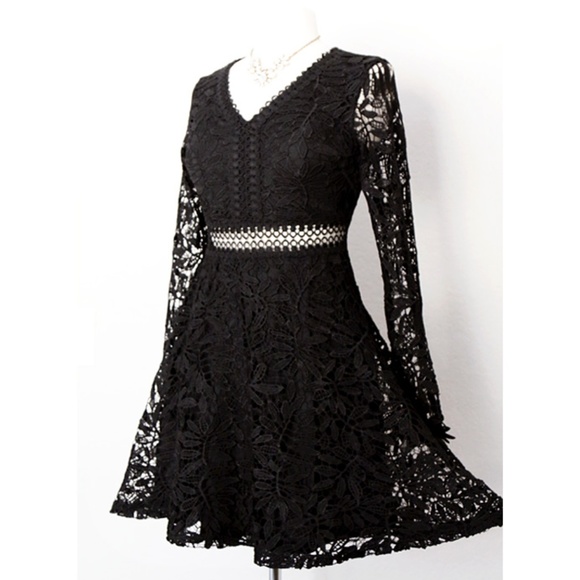 Black Crochet Lace Overlay Fit Flared Skater Dress - Picture 2 of 8